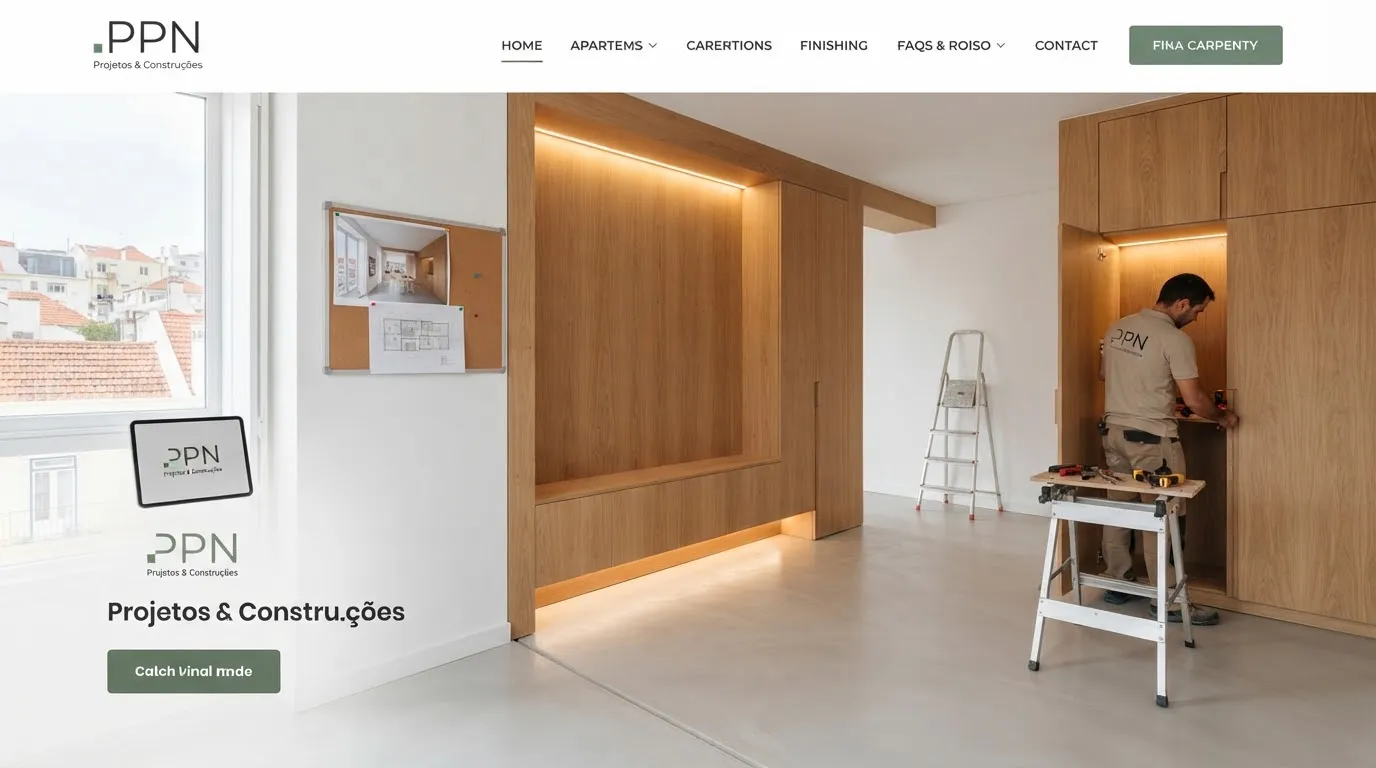 Interior de apartamento em remodelação nas Amoreiras, na fase final de carpintaria, com painéis em carvalho e pavimento em microcimento.